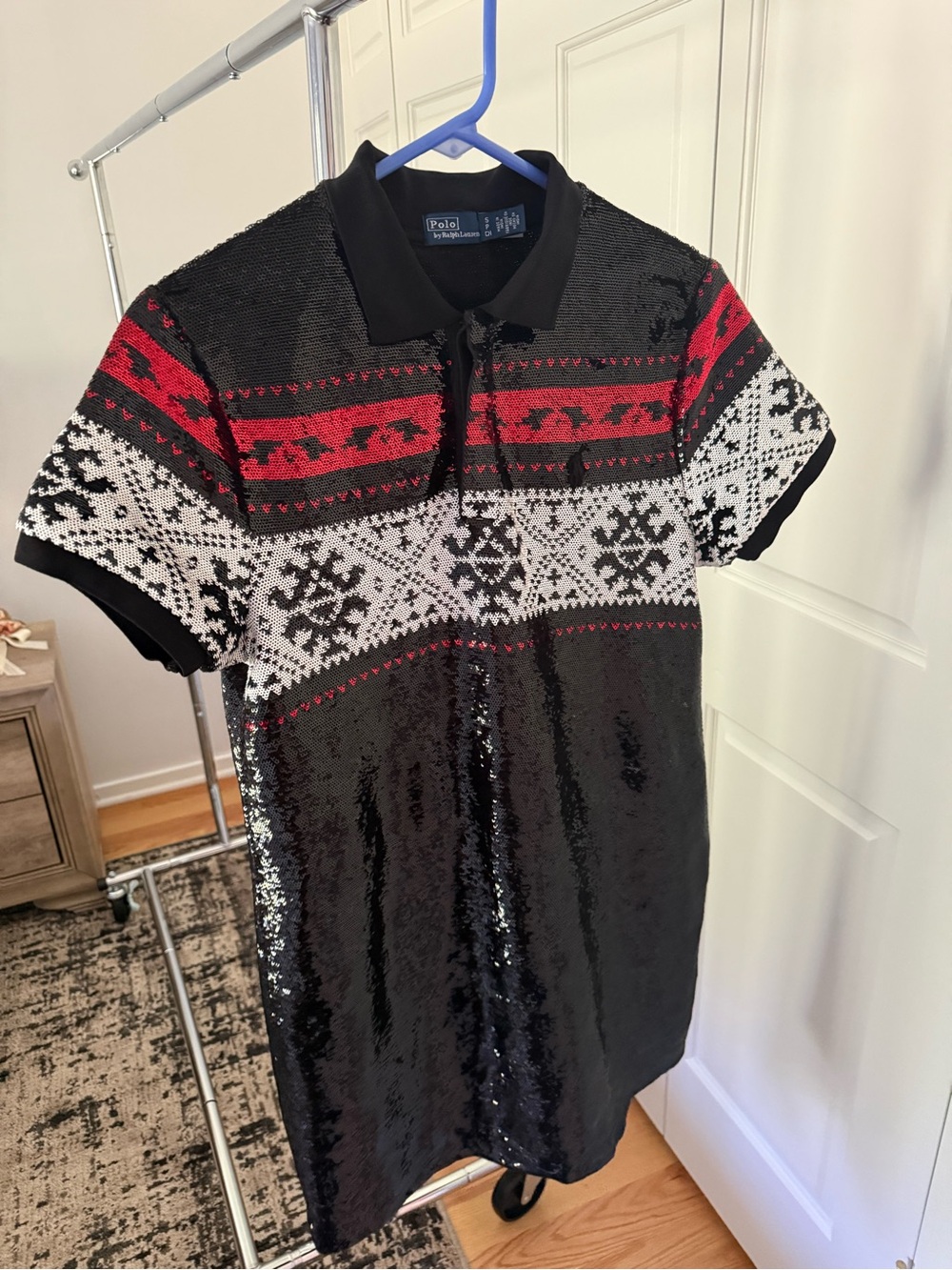 Polo by Ralph Lauren Black Sequin Polo with Red and White Fair Isle